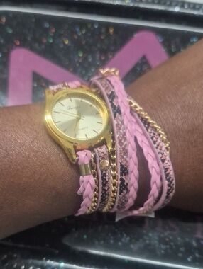 Gold Face Pink Wrap Bracelet Watch - Unbranded
